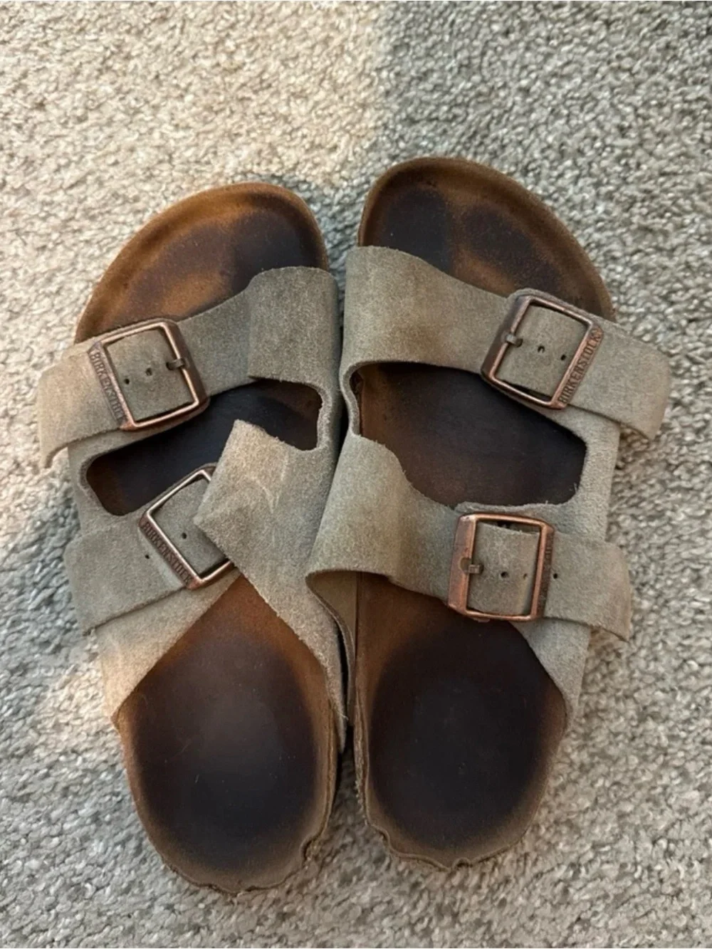 Birkenstock Taupe Suede Double-Strap Sandals with Copper Buckles